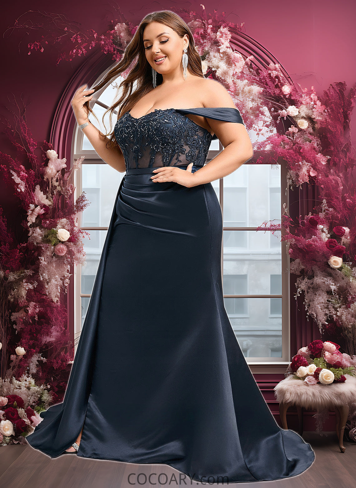 Lina Trumpet/Mermaid Off the Shoulder Sweep Train Satin Prom Dresses With Sequins Appliques Lace DA8P0025835