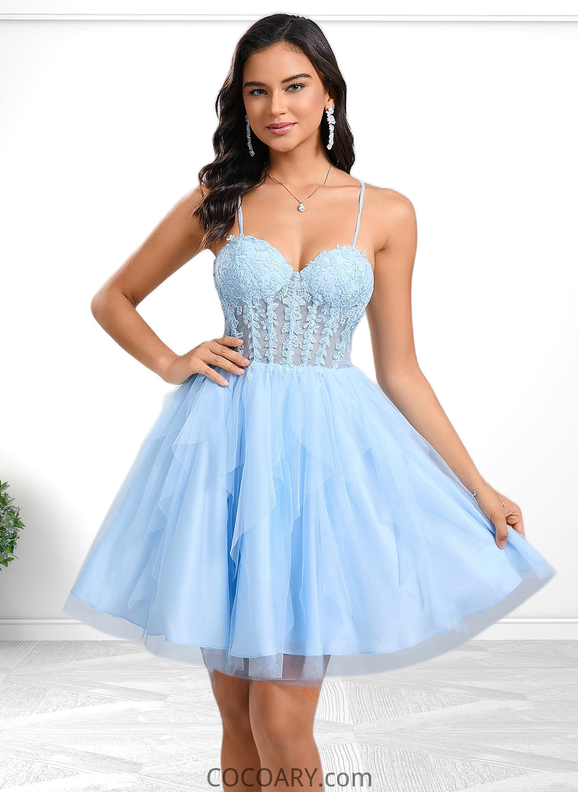 Sherry Ball-Gown/Princess Sweetheart Short Lace Tulle Homecoming Dress With Ruffle DA8P0025707