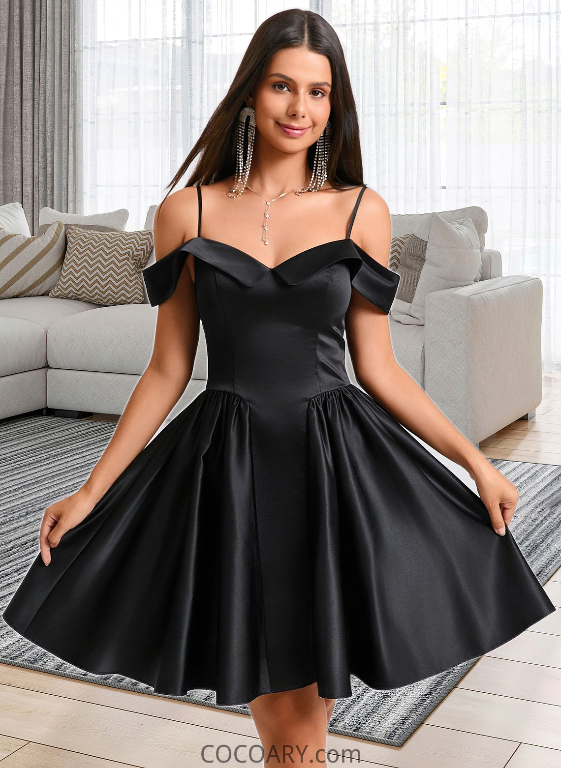 Miah A-line Off the Shoulder Short Satin Homecoming Dress DA8P0025704