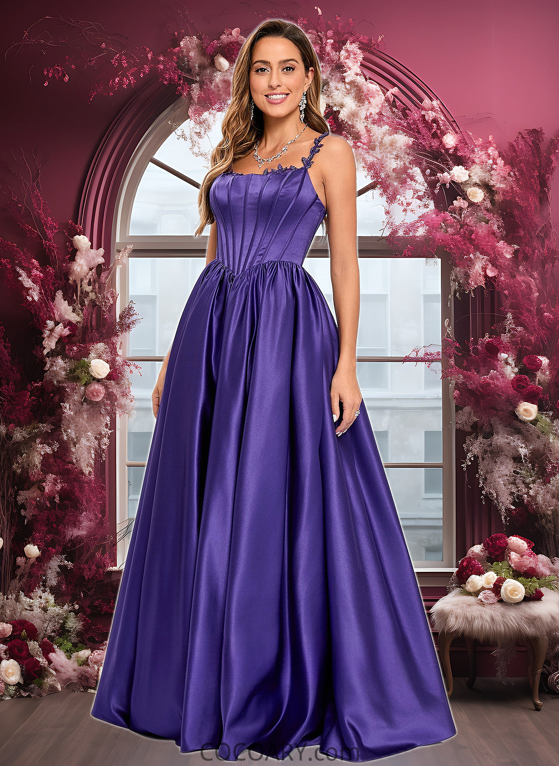 Serena Ball-Gown/Princess Scoop Floor-Length Satin Prom Dresses With Appliques Lace Beading DA8P0025865