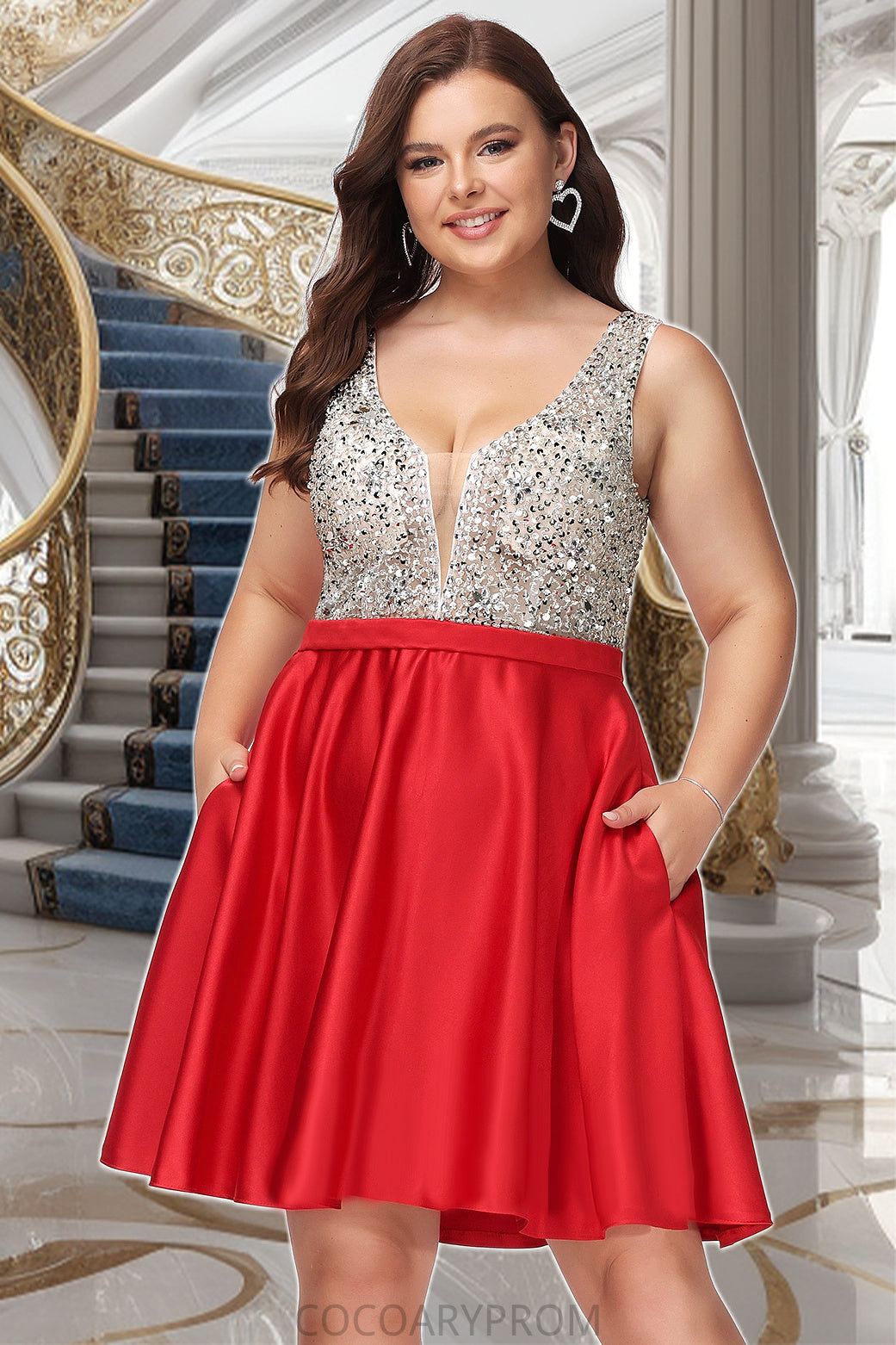 Gisselle A-line V-Neck Short/Mini Satin Homecoming Dress With Beading Sequins DA8P0020569