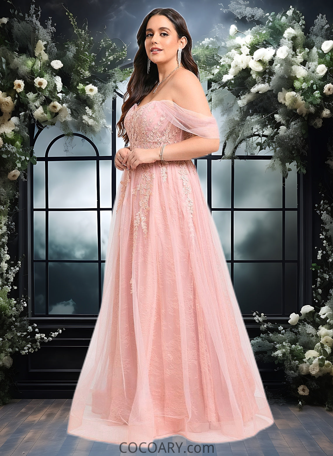 Jazlyn A-line Sweetheart Off the Shoulder Floor-Length Tulle Floral Lace Prom Dresses With Appliques Lace DA8P0025870