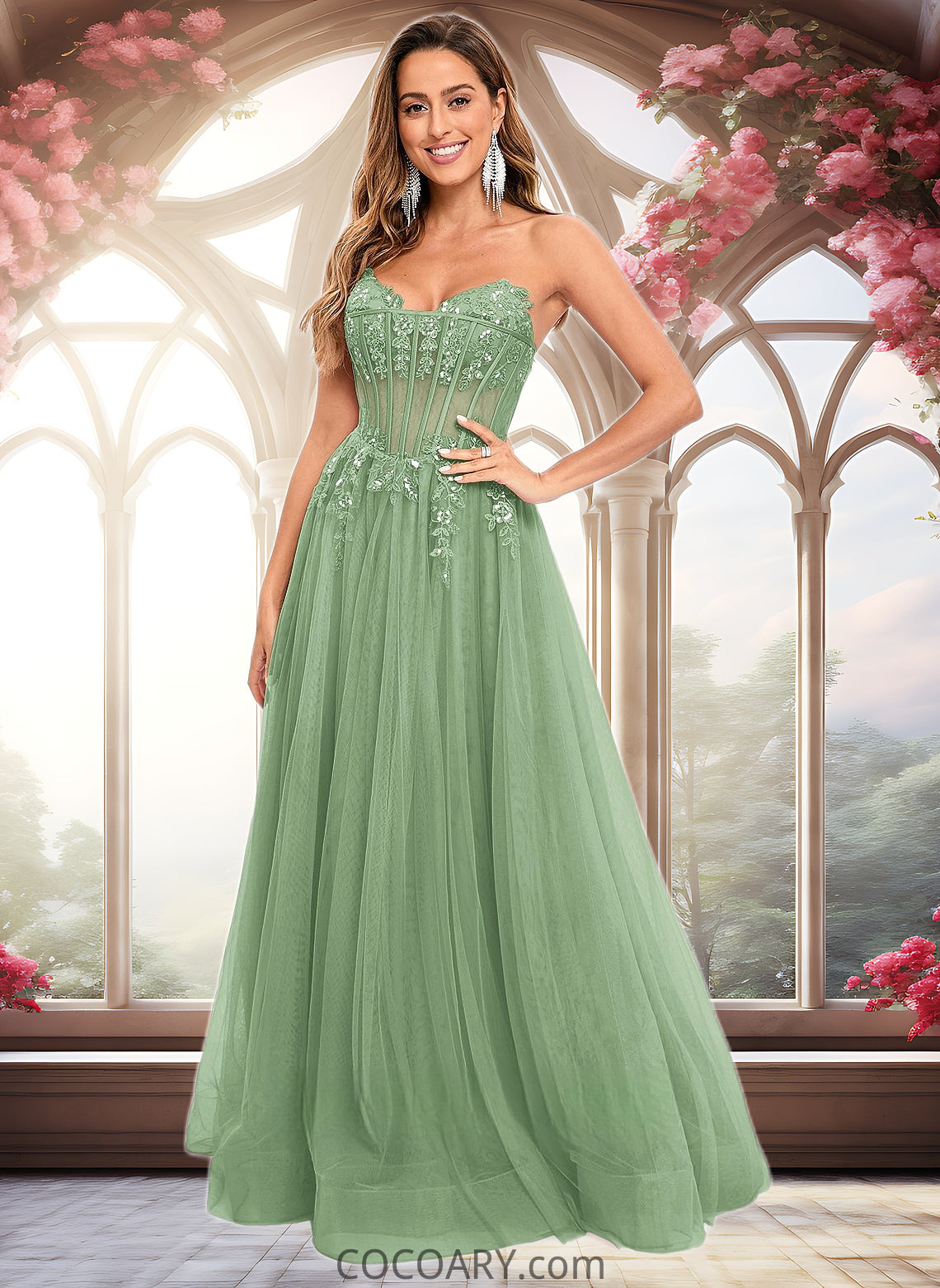 Charlize Ball-Gown/Princess V-Neck Floor-Length Tulle Prom Dresses With Sequins Appliques Lace DA8P0025837