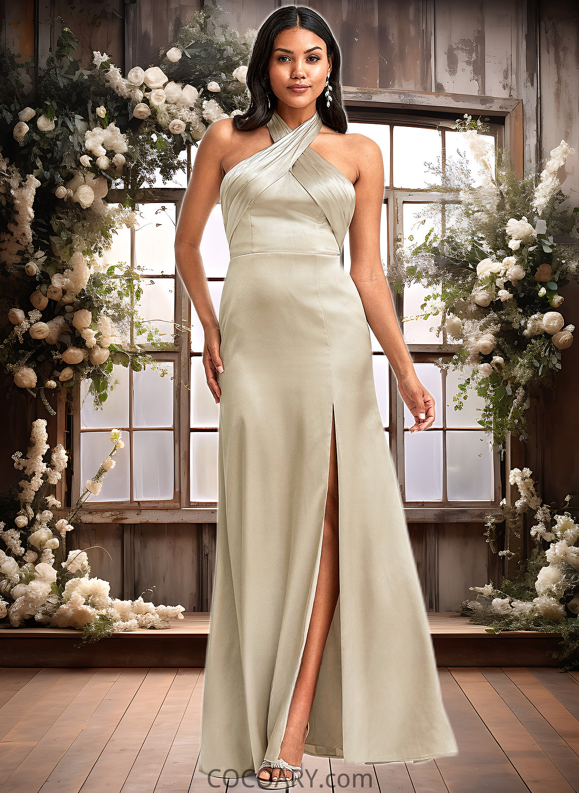 Angel A-line Halter Floor-Length Stretch Satin Bridesmaid Dress DA8P0025761