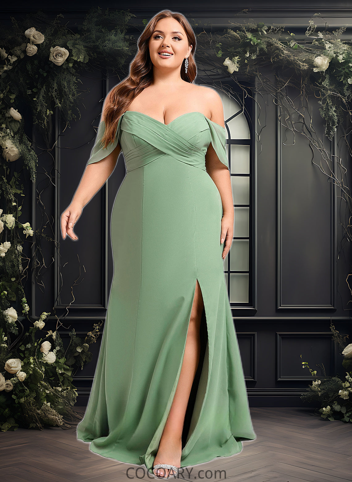 Yesenia Trumpet/Mermaid Off the Shoulder V-Neck Floor-Length Chiffon Bridesmaid Dress DA8P0025810