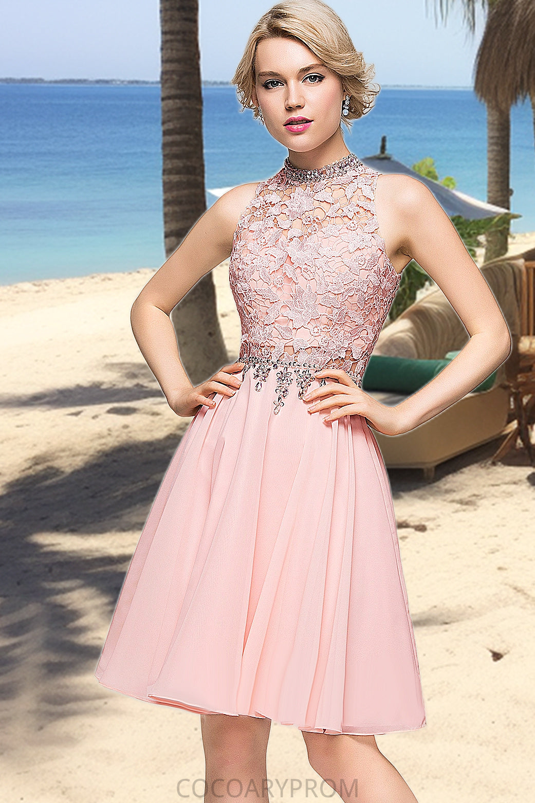 Kaylee A-line High Neck Knee-Length Chiffon Lace Homecoming Dress With Beading Sequins DA8P0020596