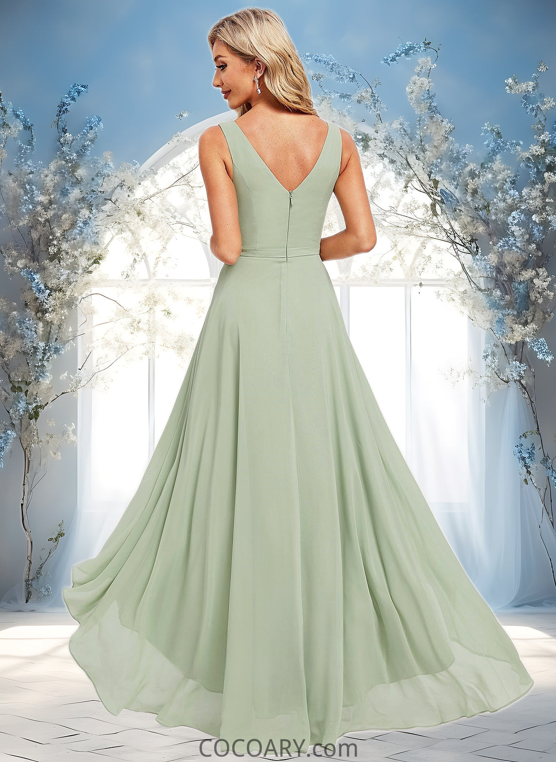 Emely A-line V-Neck Asymmetrical Chiffon Bridesmaid Dress DA8P0025809