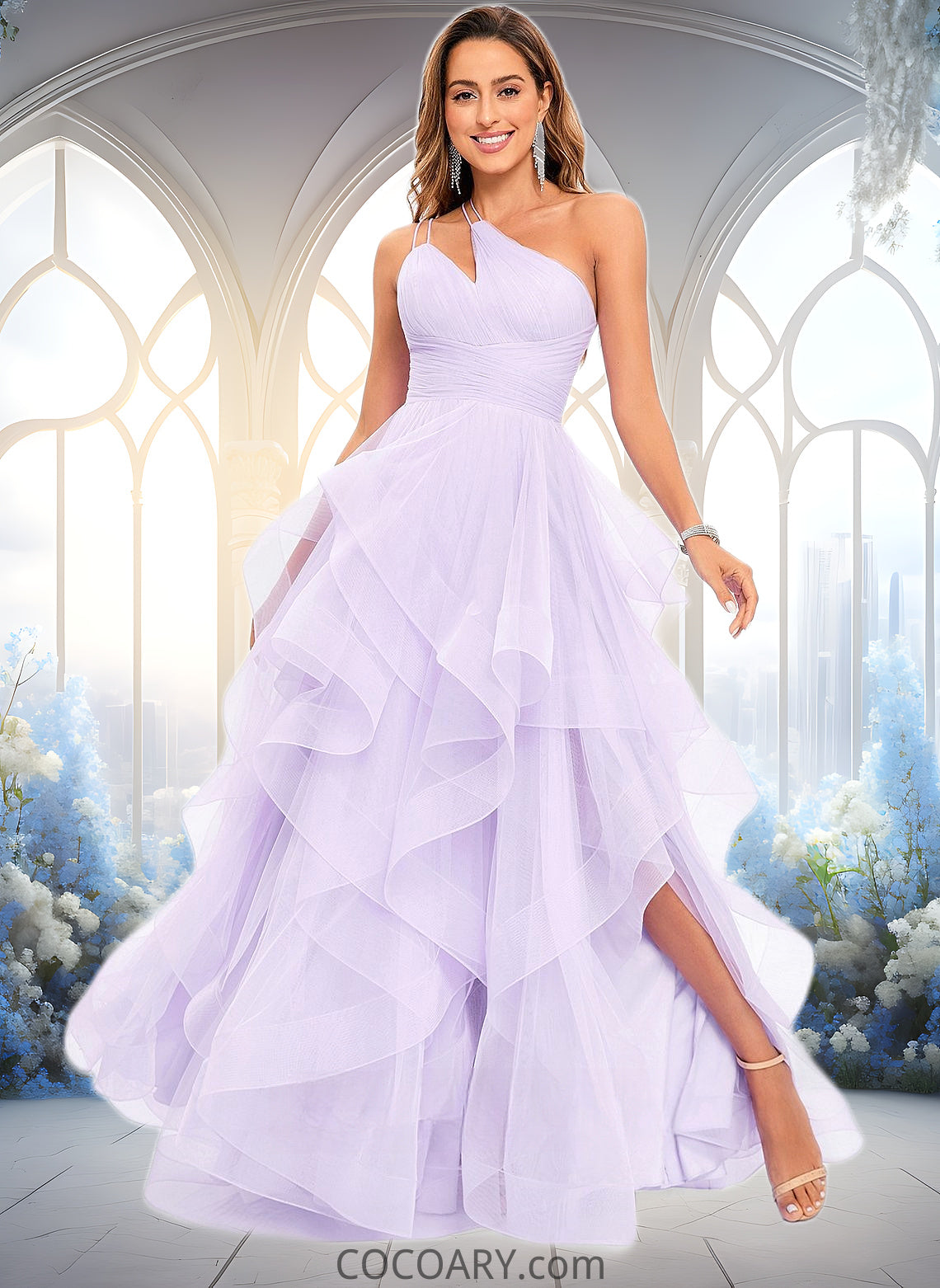 Aurora Ball-Gown/Princess Asymmetrical One Shoulder Floor-Length Tulle Prom Dresses DA8P0025867