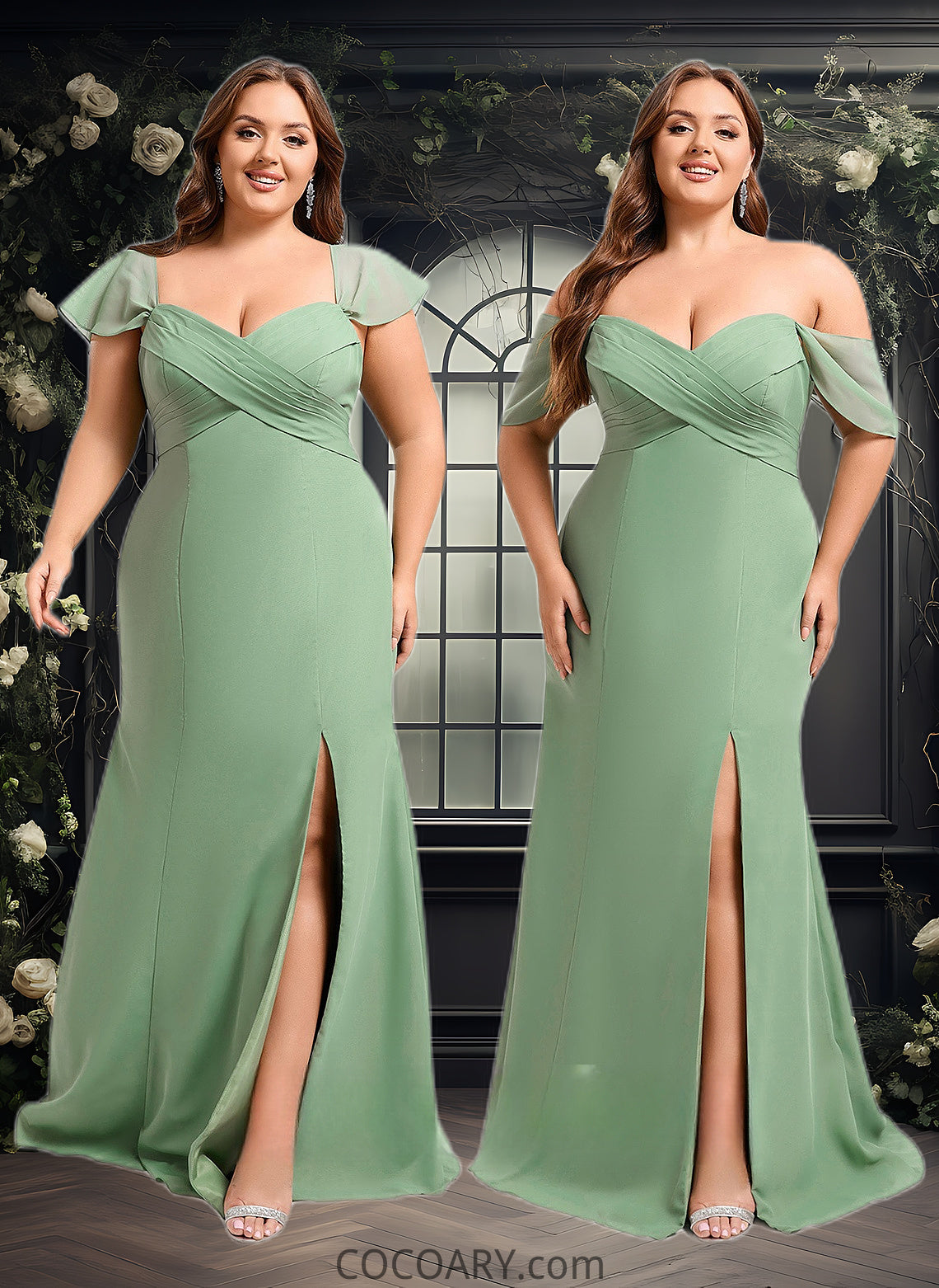 Yesenia Trumpet/Mermaid Off the Shoulder V-Neck Floor-Length Chiffon Bridesmaid Dress DA8P0025810