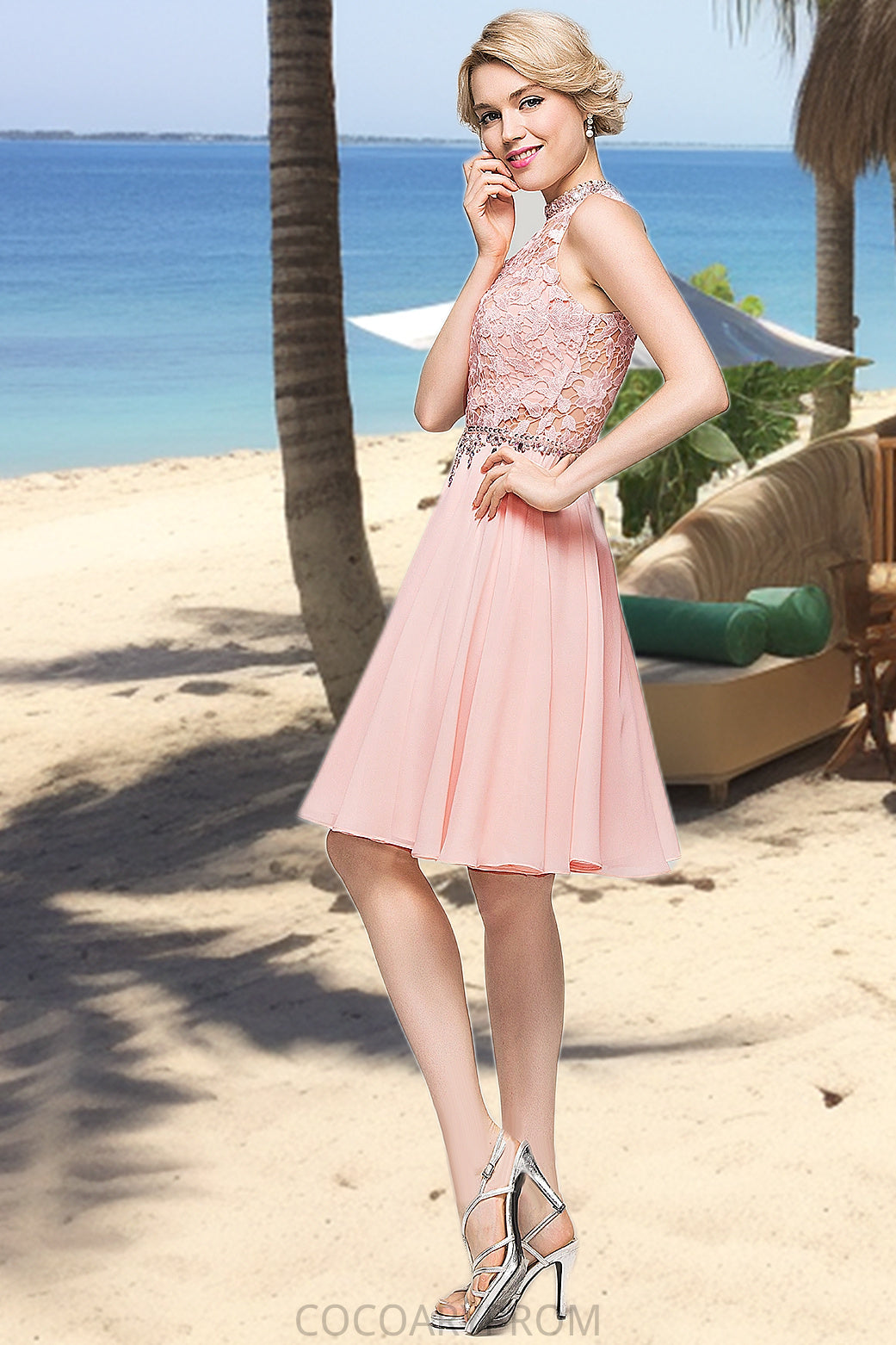 Kaylee A-line High Neck Knee-Length Chiffon Lace Homecoming Dress With Beading Sequins DA8P0020596