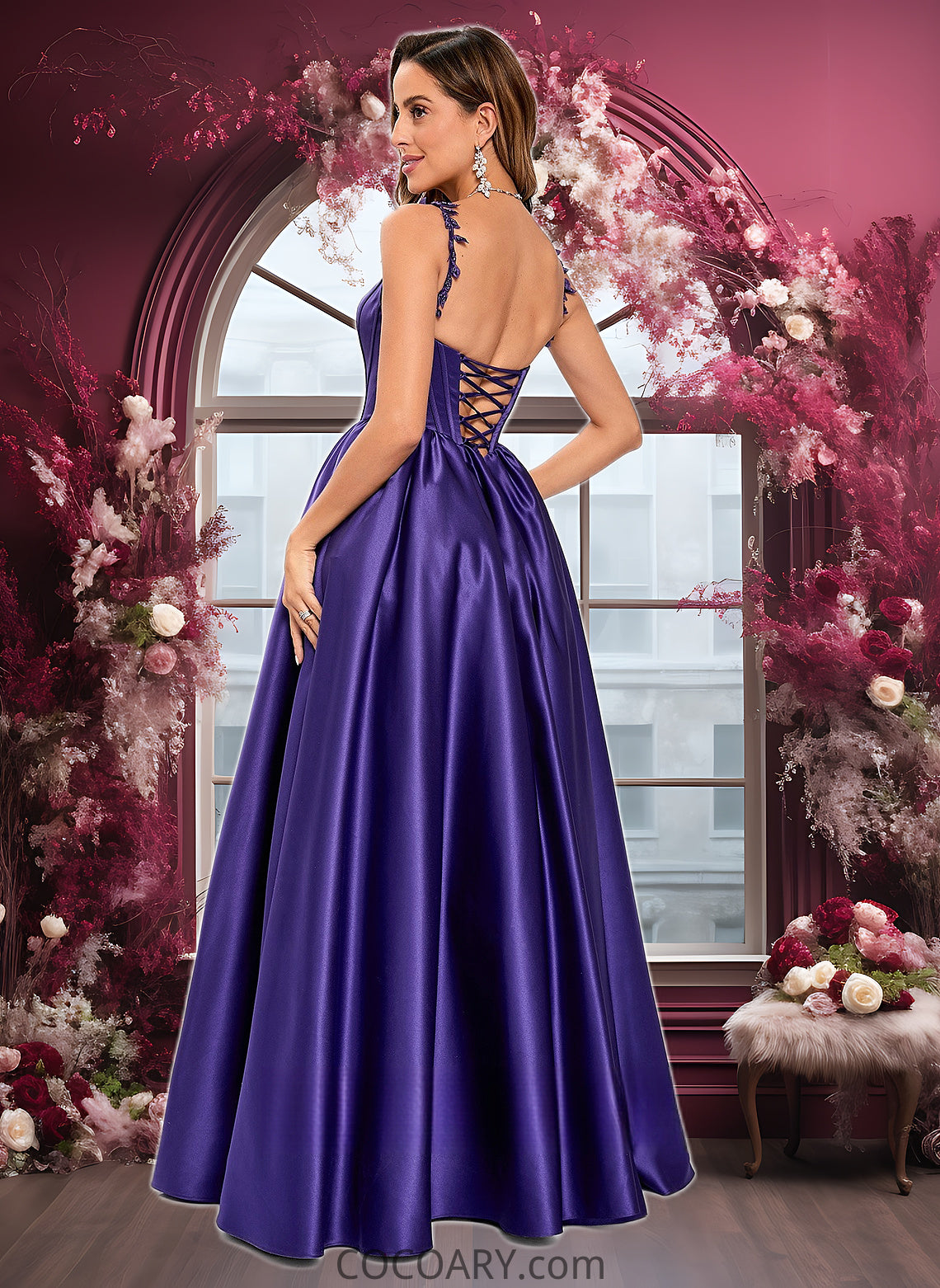 Serena Ball-Gown/Princess Scoop Floor-Length Satin Prom Dresses With Appliques Lace Beading DA8P0025865