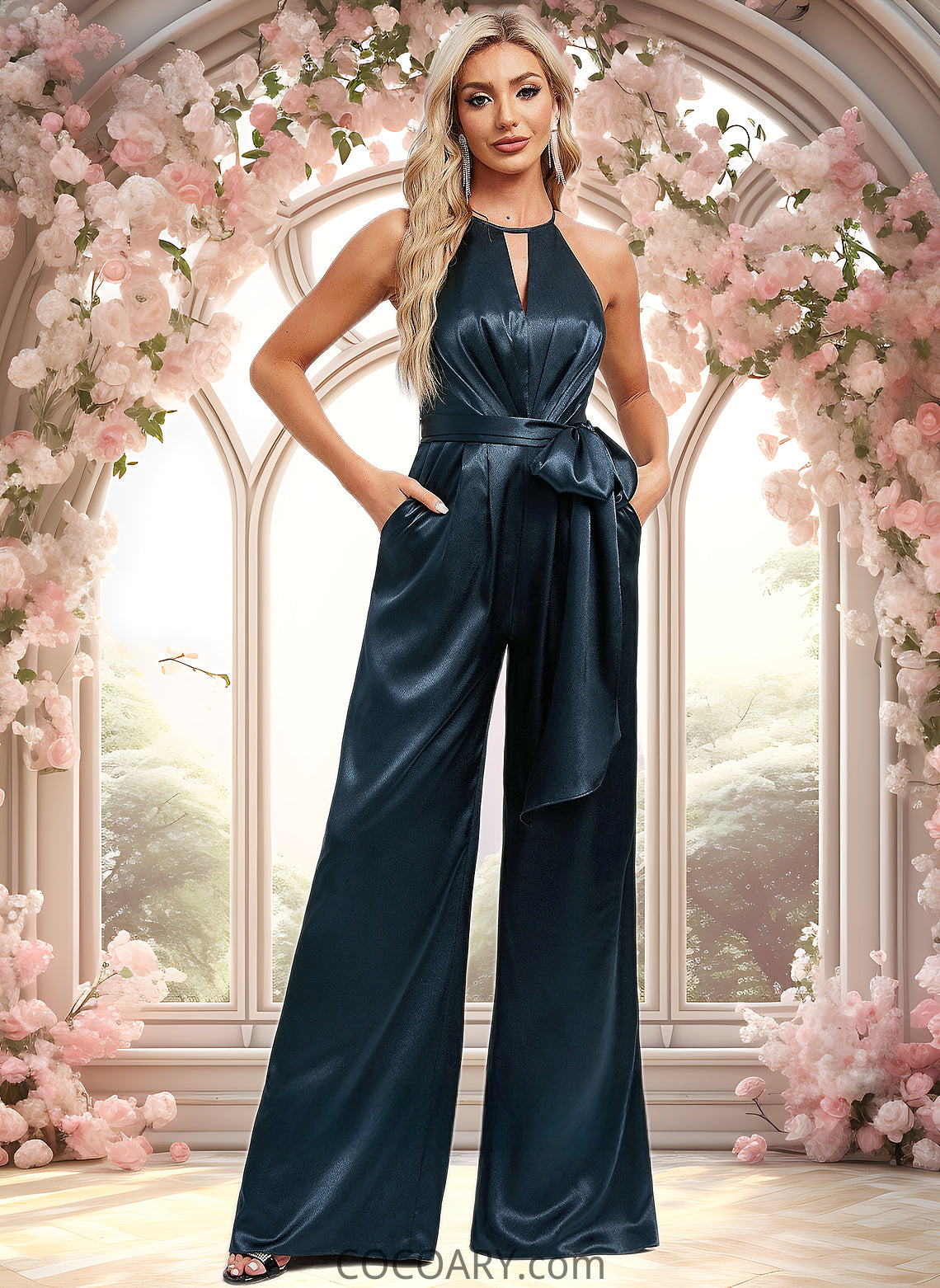 Cailyn Jumpsuit/Pantsuit Halter Floor-Length Stretch Satin Bridesmaid Dress DA8P0025805