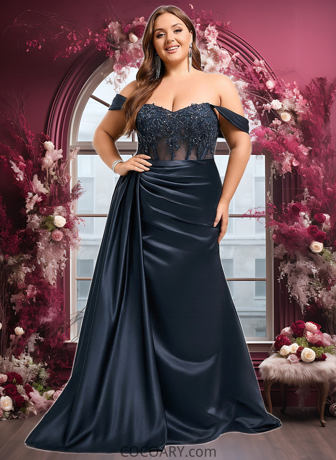 Lina Trumpet/Mermaid Off the Shoulder Sweep Train Satin Prom Dresses With Sequins Appliques Lace DA8P0025835