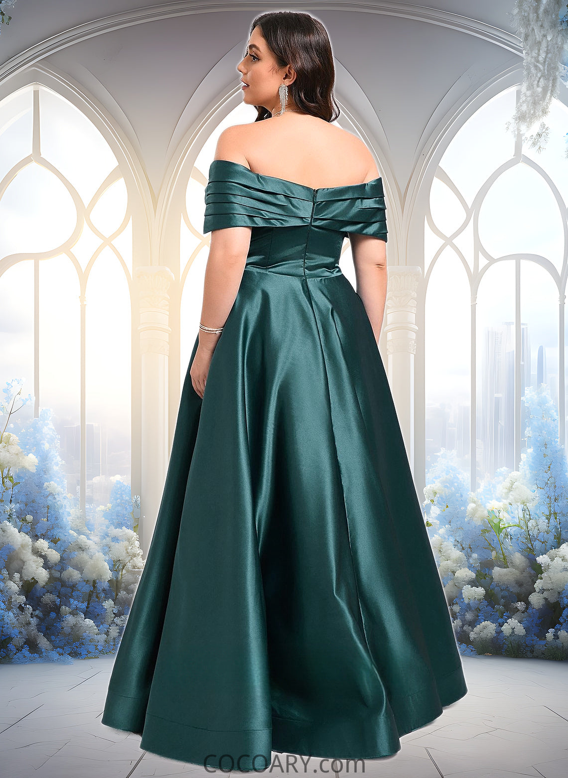 Cristina A-line Off the Shoulder Floor-Length Satin Prom Dresses With Pleated DA8P0025851