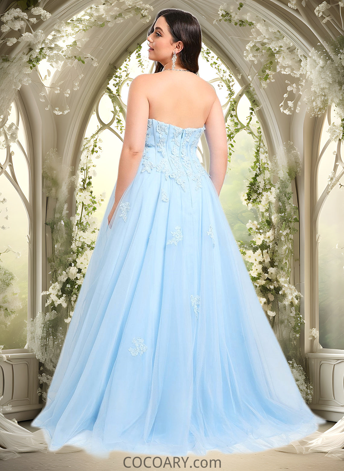 Aubrie Ball-Gown/Princess Straight Sweep Train Tulle Prom Dresses With Sequins Appliques Lace DA8P0025864