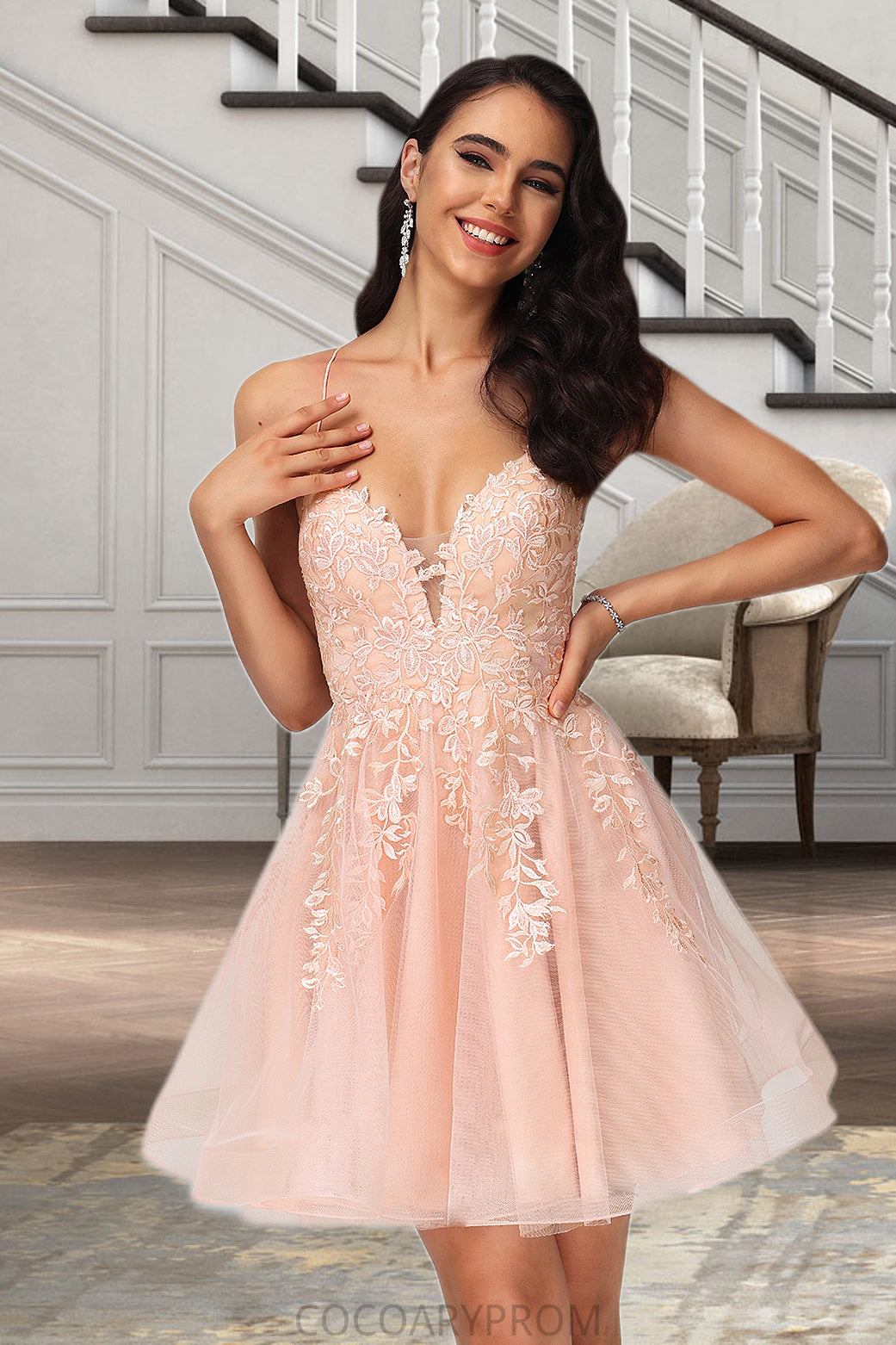 Londyn A-line V-Neck Short/Mini Lace Tulle Homecoming Dress With Sequins DA8P0020500