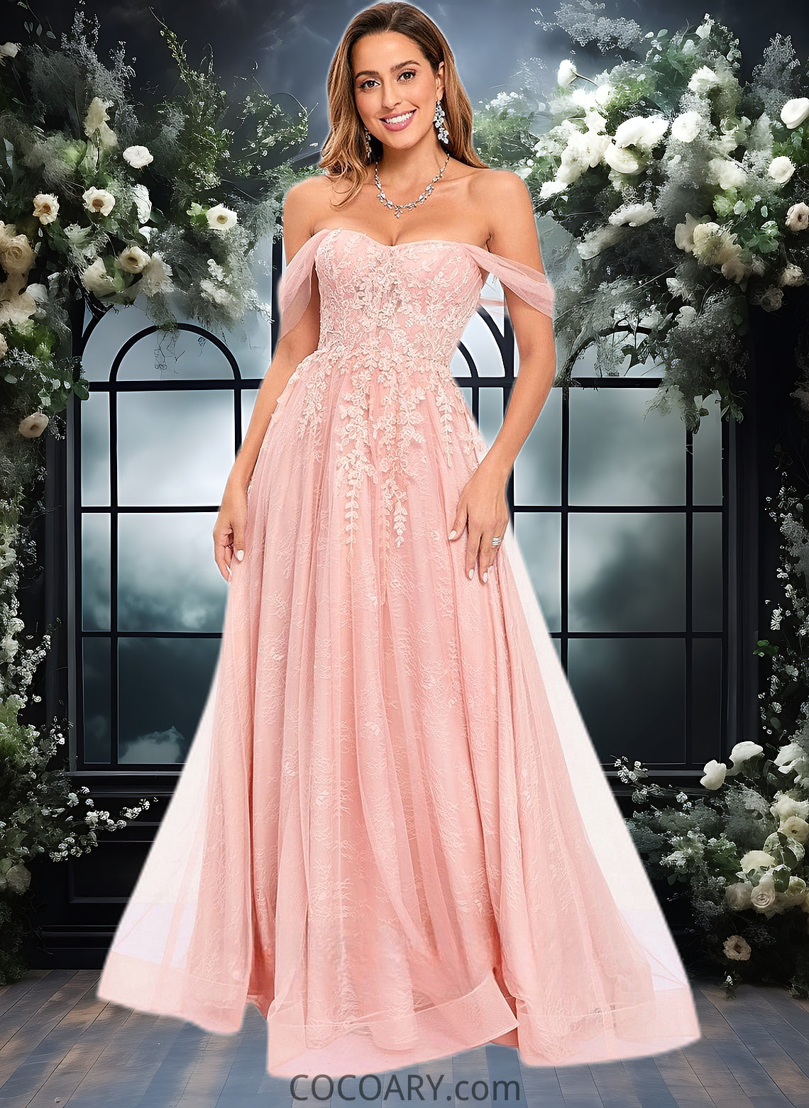 Jazlyn A-line Sweetheart Off the Shoulder Floor-Length Tulle Floral Lace Prom Dresses With Appliques Lace DA8P0025870