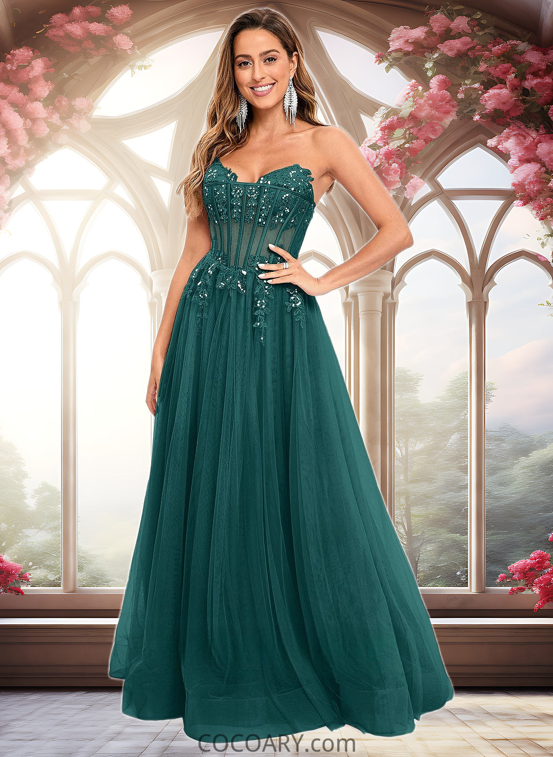 Charlize Ball-Gown/Princess V-Neck Floor-Length Tulle Prom Dresses With Sequins Appliques Lace DA8P0025837