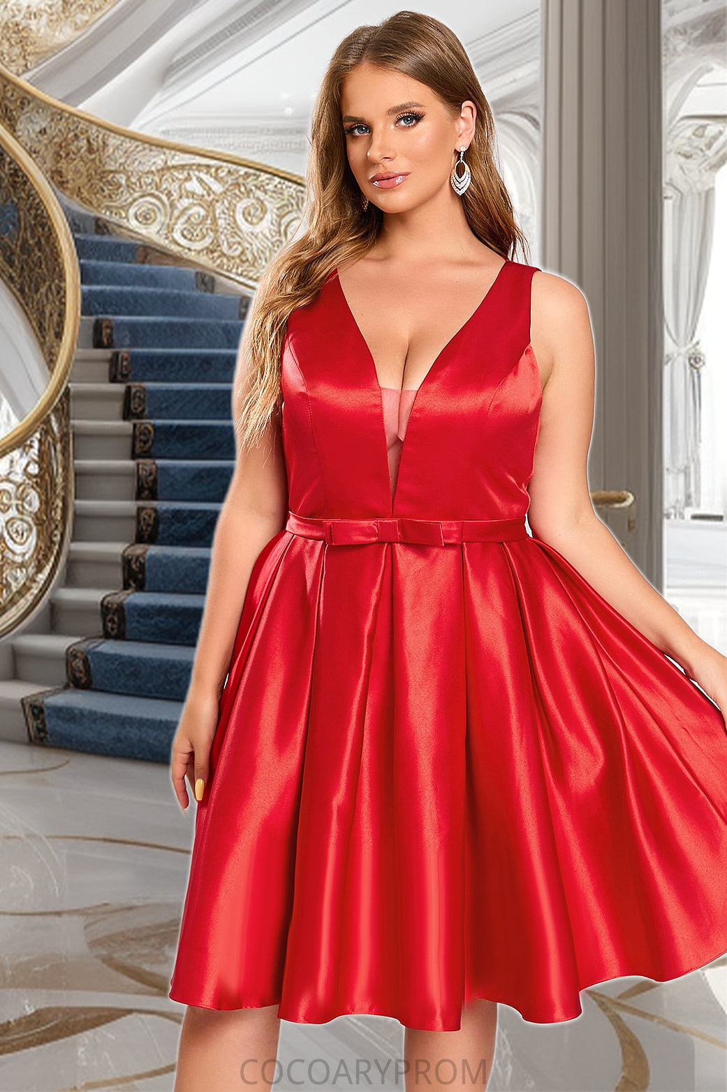 Viviana A-line V-Neck Short/Mini Satin Homecoming Dress With Bow DA8P0020583