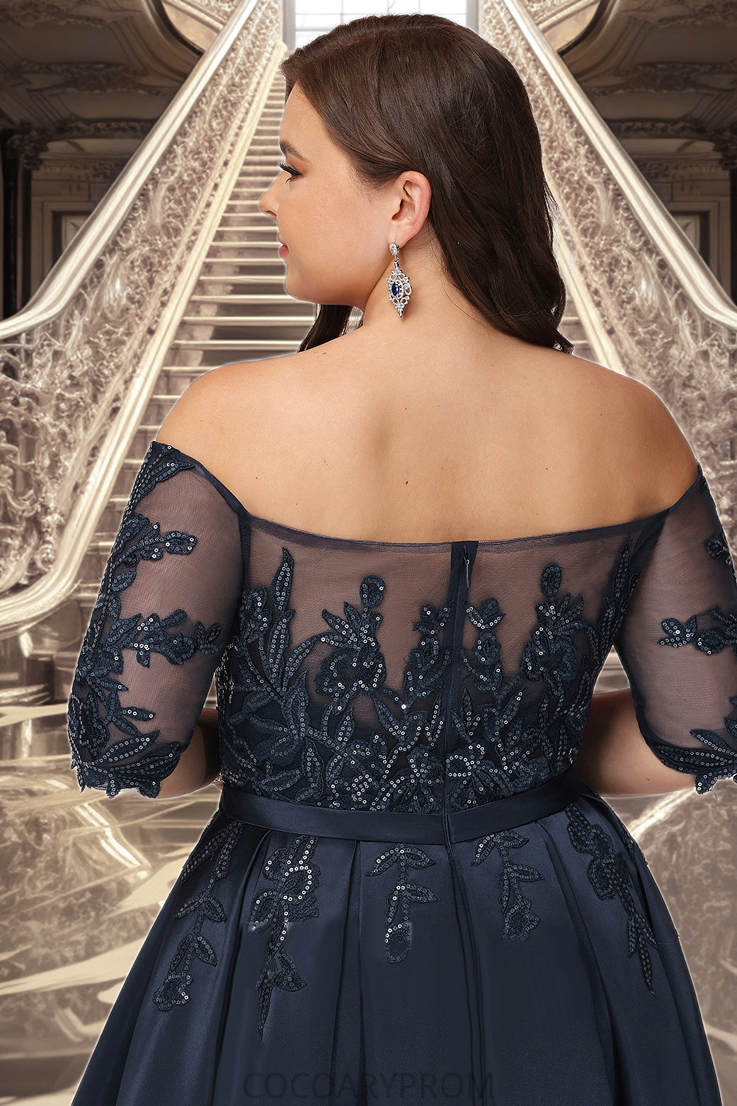 Larissa A-line Off the Shoulder Asymmetrical Lace Satin Homecoming Dress With Sequins DA8P0020580