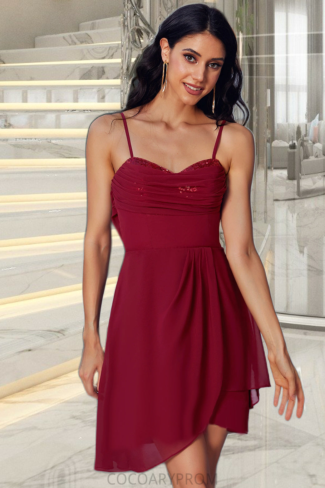 Lillian Sheath/Column V-Neck Short/Mini Jersey Sequin Homecoming Dress With Cascading Ruffles Sequins DA8P0020509