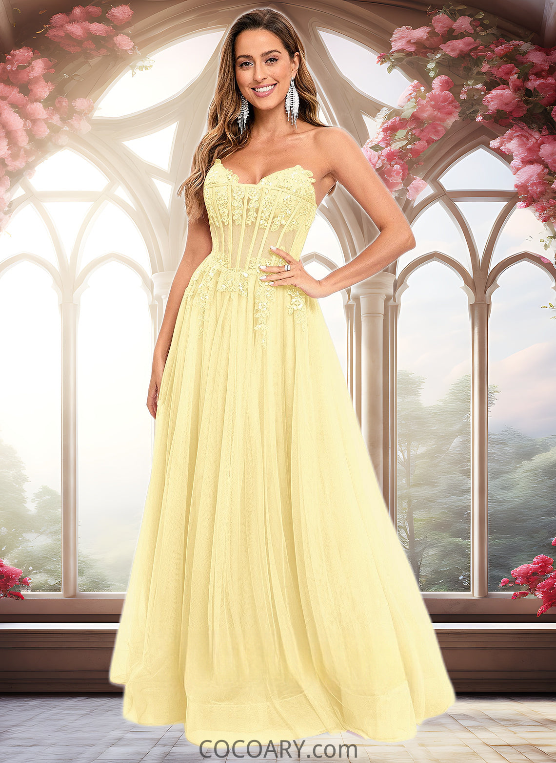 Charlize Ball-Gown/Princess V-Neck Floor-Length Tulle Prom Dresses With Sequins Appliques Lace DA8P0025837