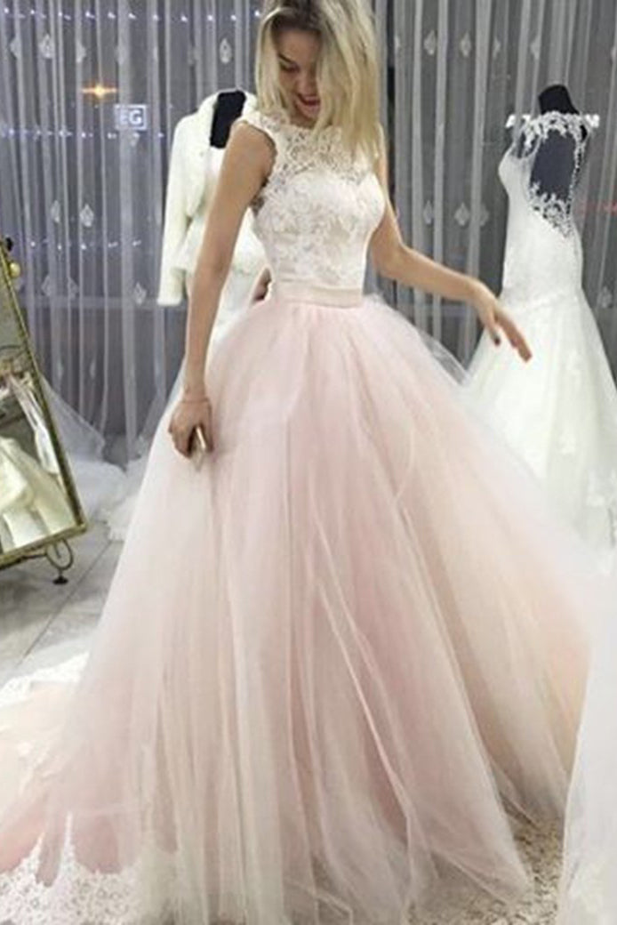 Charming Open Back Round Neck Lace Wedding Dresses Ball Gown with Bowknot