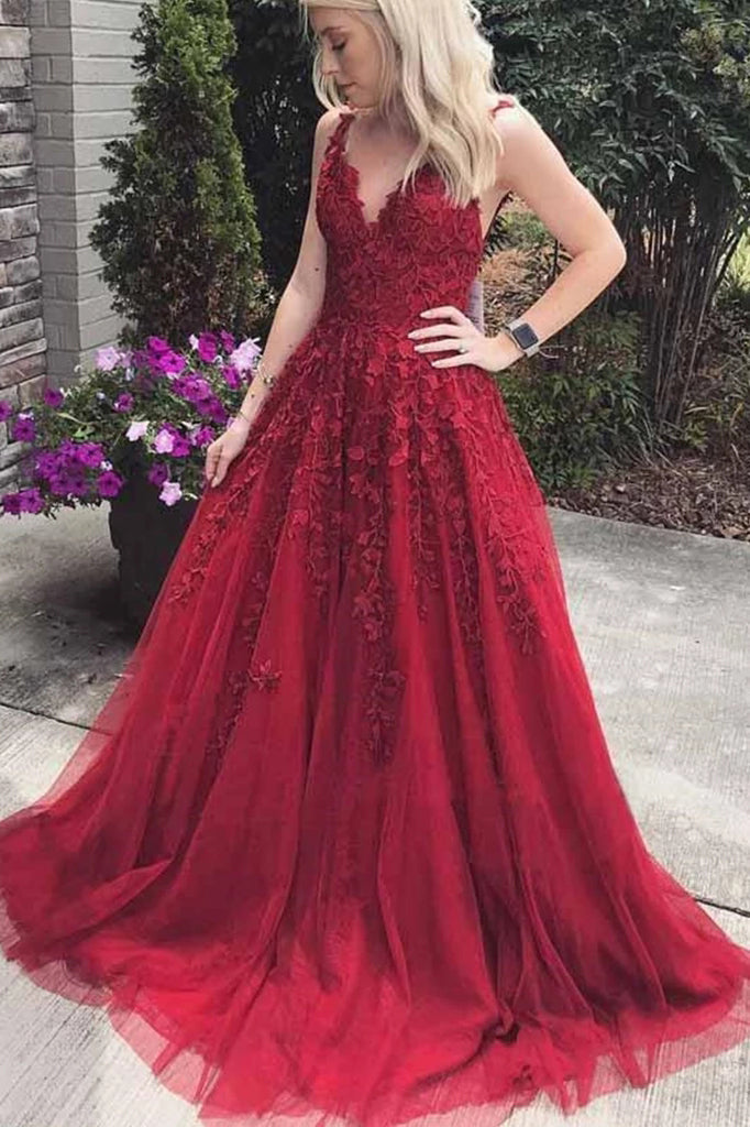 A Line V Neck Tulle Burgundy Prom Dresses With Appliques