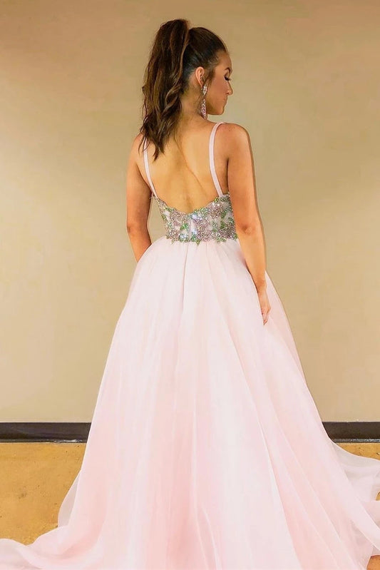 A-line V-neck Pink Long Prom Dresses With Waist Beading