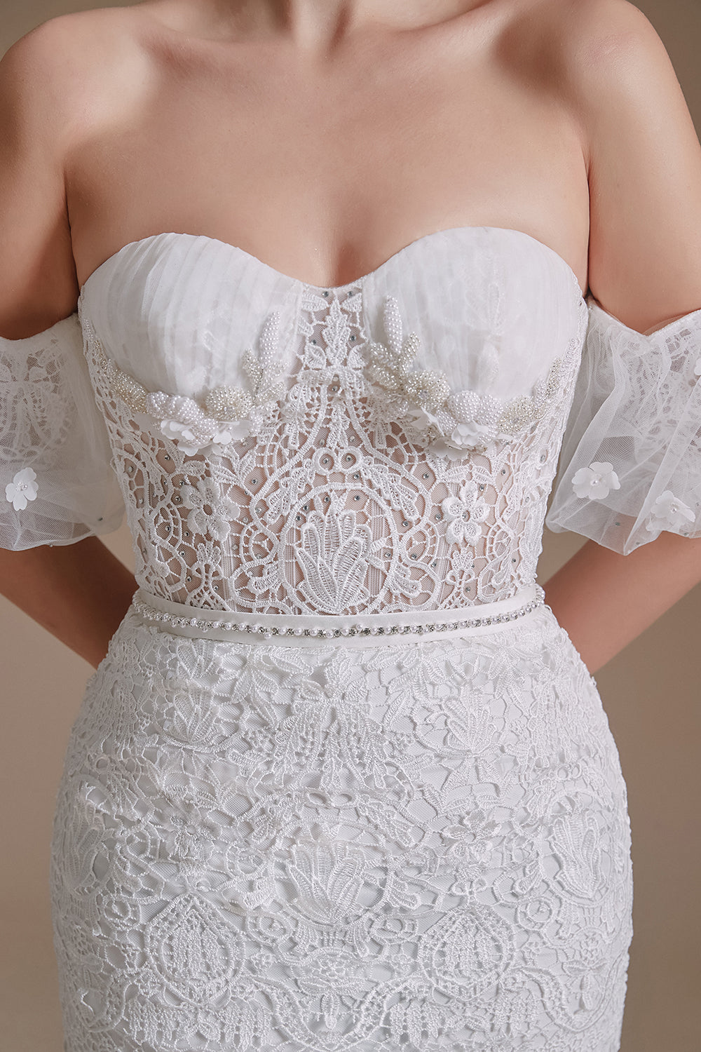 New Arrival Sweetheart Off the Shoulder Lace Long Beach Wedding Dresses