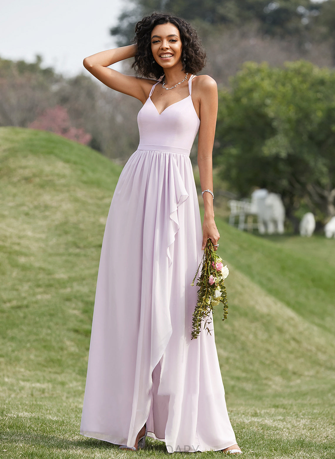 Silhouette A-Line Embellishment Length Ruffle V-neck Asymmetrical SplitFront Neckline Fabric Cheyanne A-Line/Princess Bridesmaid Dresses