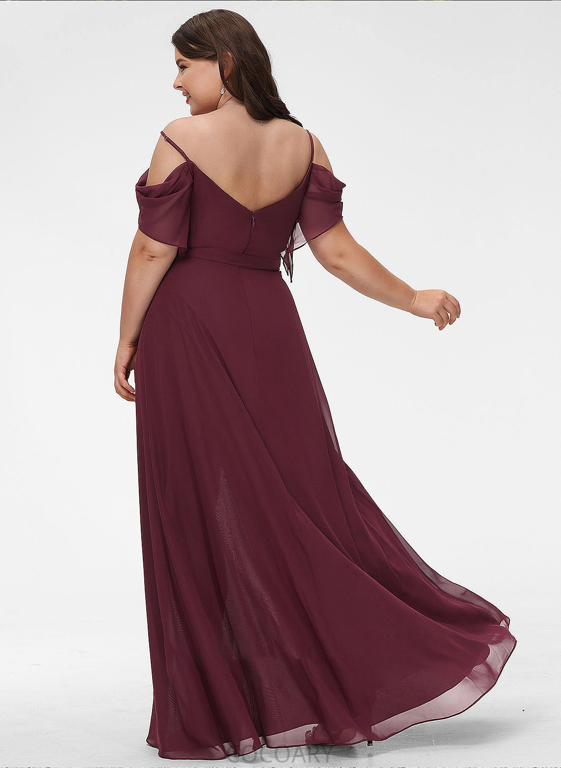 Silhouette Fabric Ruffle A-Line Length Neckline Embellishment SplitFront Floor-Length V-neck Alivia V-Neck Bridesmaid Dresses