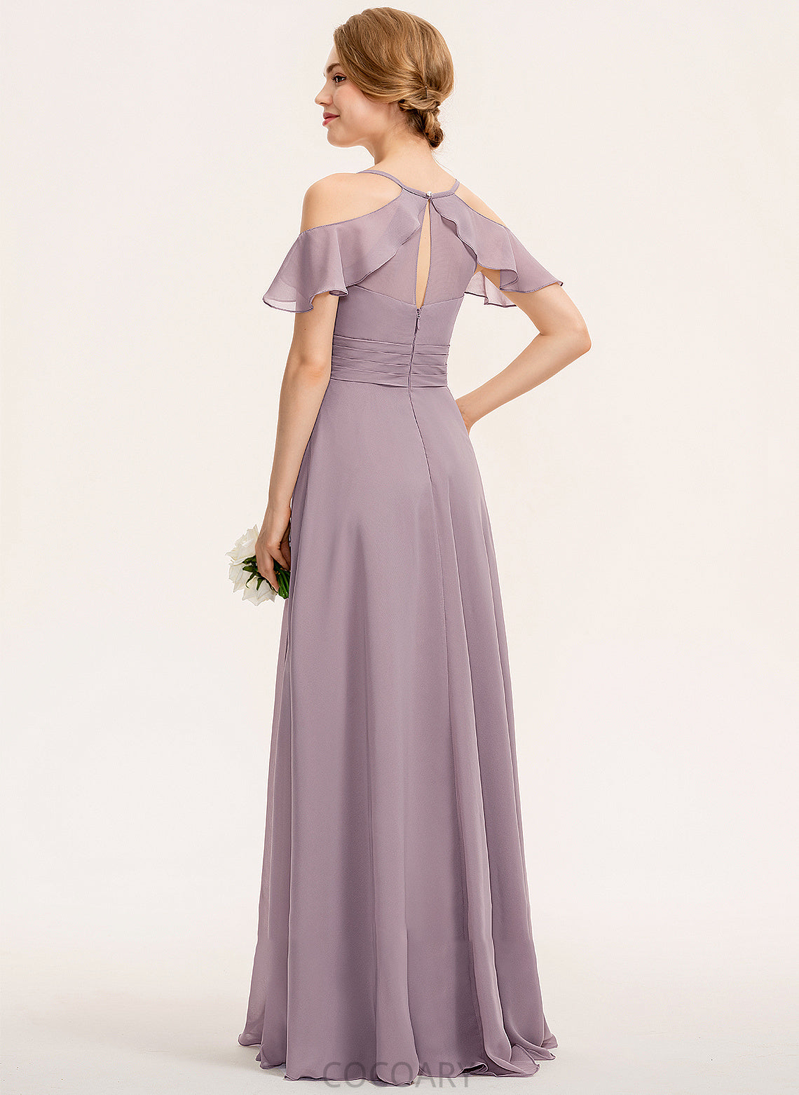 Fabric Length Silhouette CascadingRuffles Floor-Length SplitFront A-Line Ruffle Neckline Embellishment V-neck Nyla Bridesmaid Dresses