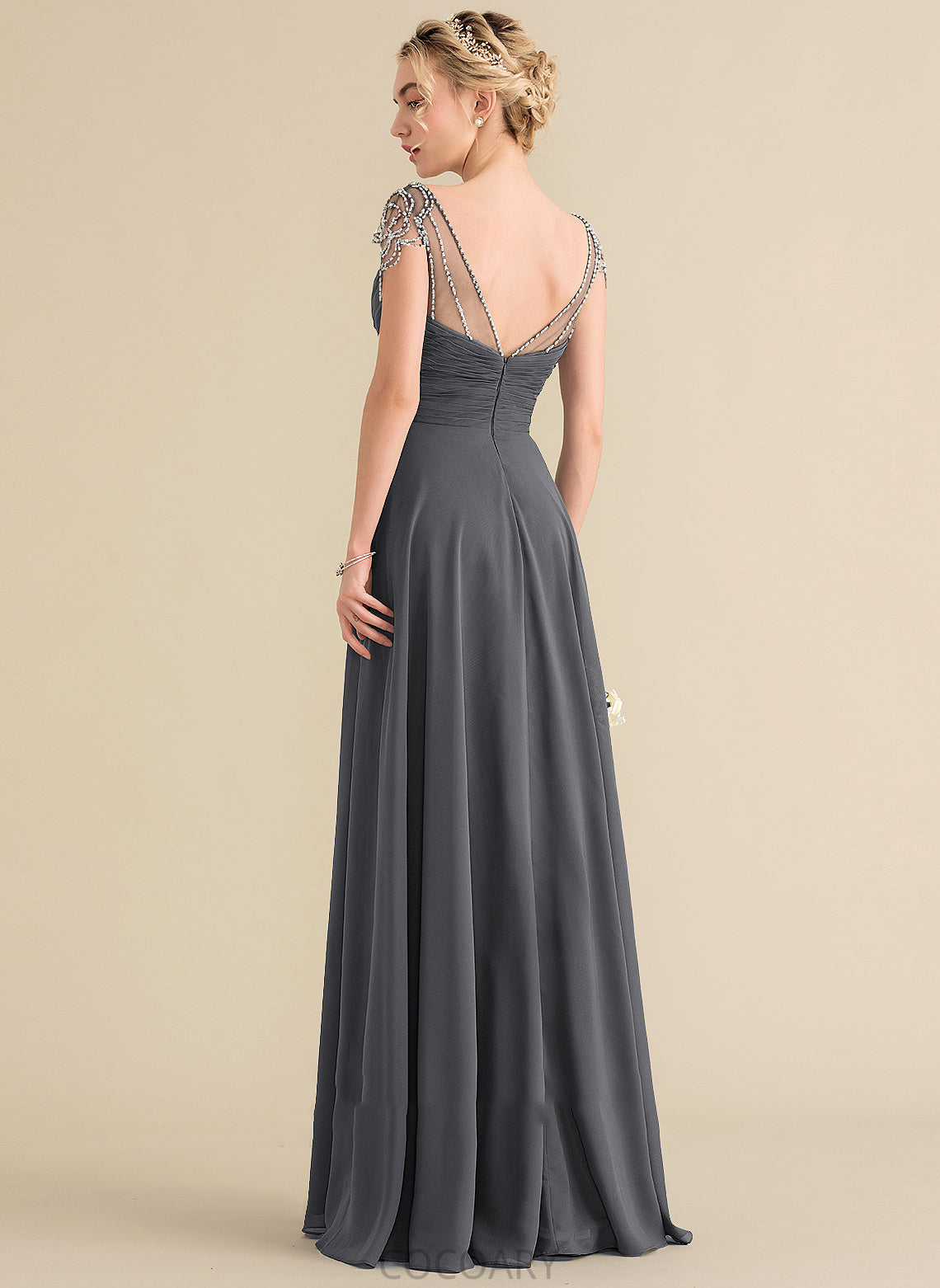 Length Beading Sequins Silhouette Floor-Length Fabric Ruffle V-neck Embellishment Neckline A-Line Karli Bridesmaid Dresses