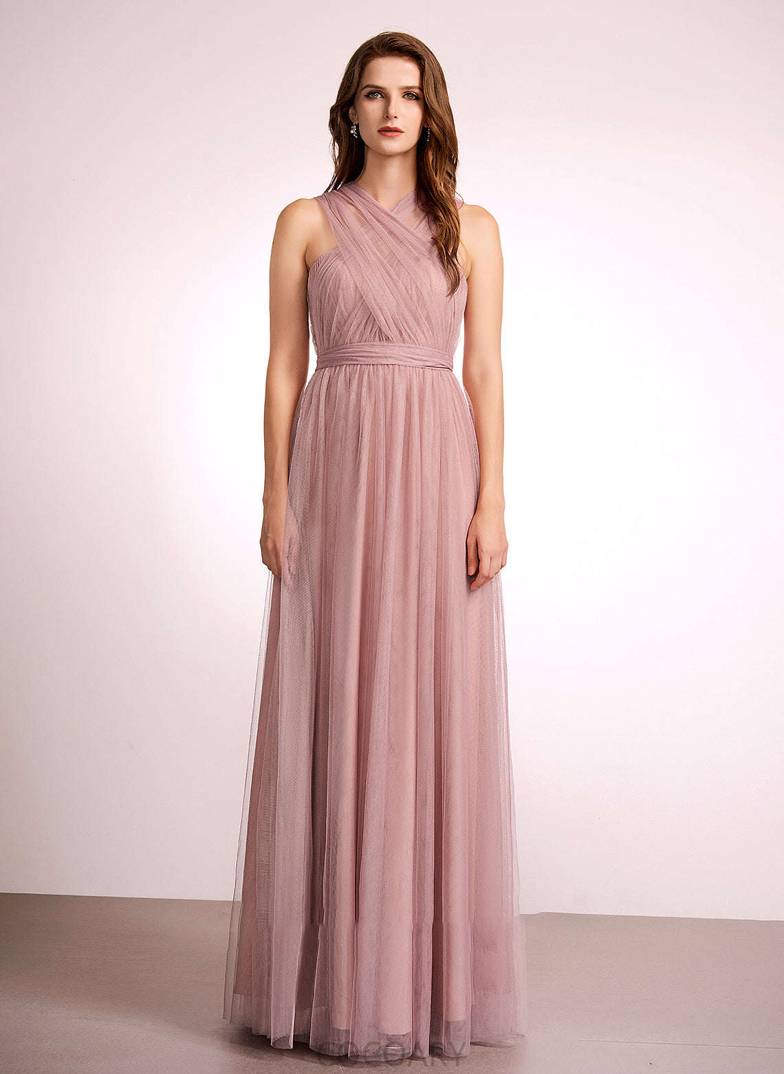 Straps Floor-Length A-Line Neckline Tulle Off-the-Shoulder One-Shoulder Fabric V-neck Silhouette Length Jaidyn Bridesmaid Dresses