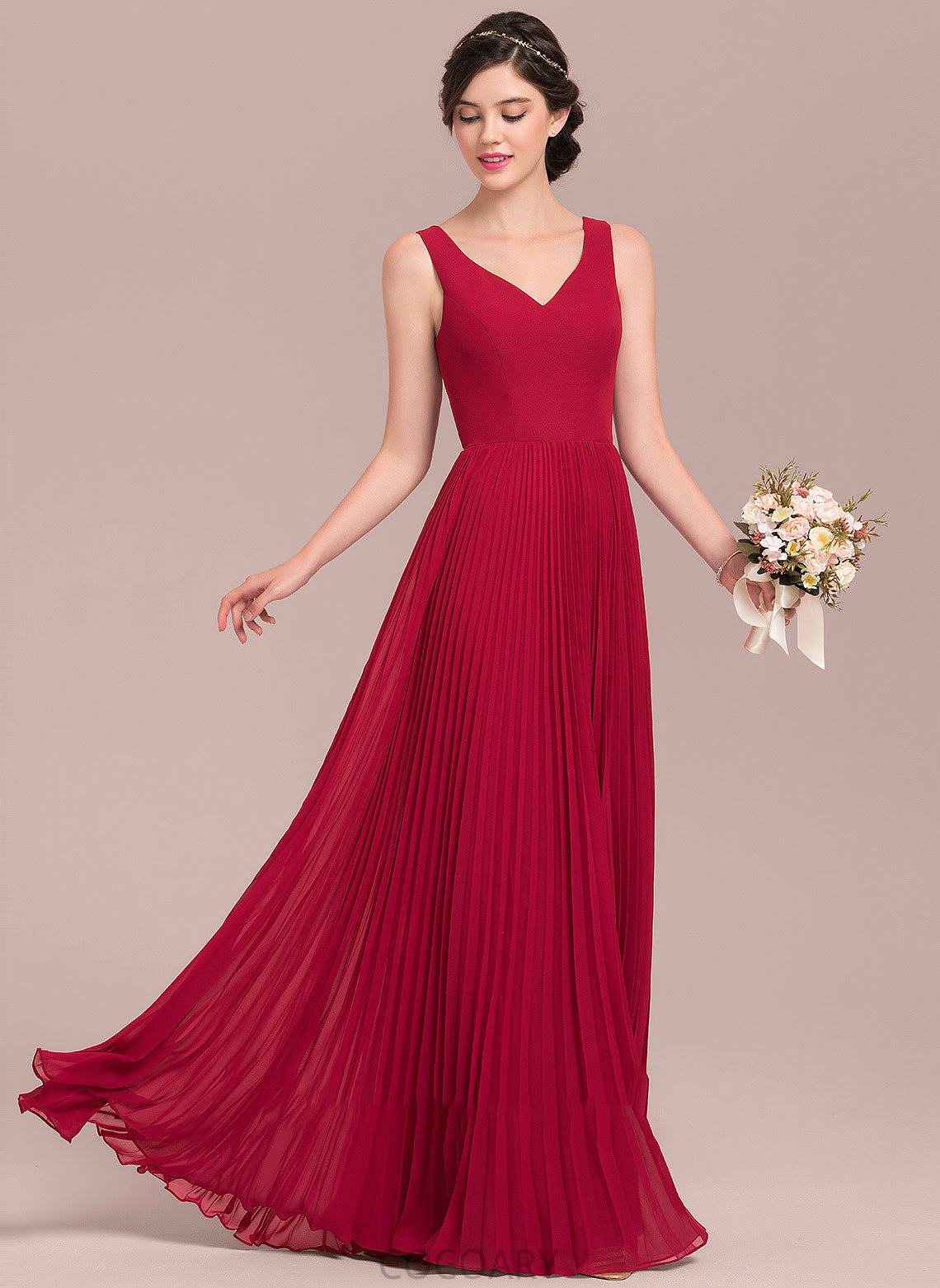 SplitFront Embellishment V-neck Pleated Neckline Length A-Line Silhouette Floor-Length Fabric Carley Natural Waist Bridesmaid Dresses