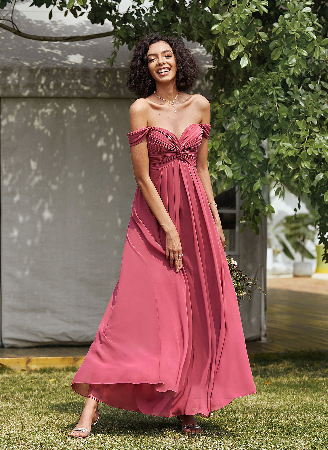 Neckline Embellishment Floor-Length Silhouette Length Off-the-Shoulder A-Line Ruffle Fabric Aisha Natural Waist Spaghetti Staps Bridesmaid Dresses