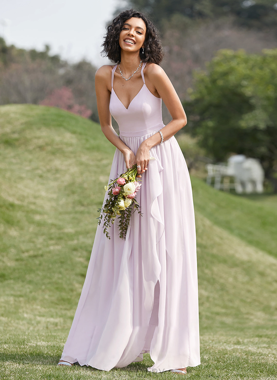 V-neck Silhouette Asymmetrical Length Embellishment Ruffle A-Line Fabric Neckline SplitFront Precious V-Neck Bridesmaid Dresses