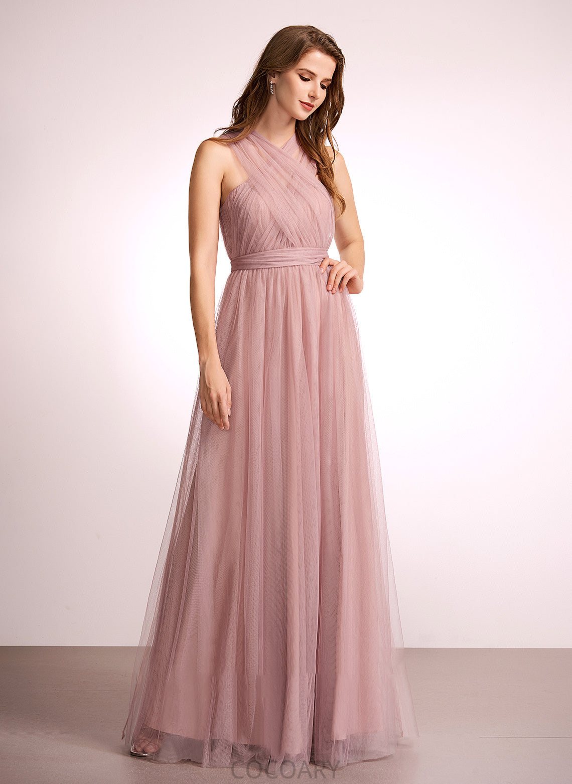 Straps Floor-Length A-Line Neckline Tulle Off-the-Shoulder One-Shoulder Fabric V-neck Silhouette Length Jaidyn Bridesmaid Dresses