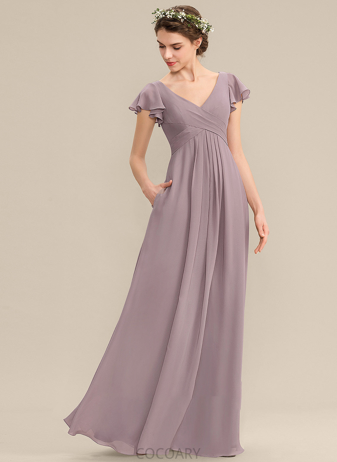 Embellishment Floor-Length Pockets CascadingRuffles Silhouette Length V-neck Fabric A-Line Neckline Alisa Natural Waist Bridesmaid Dresses