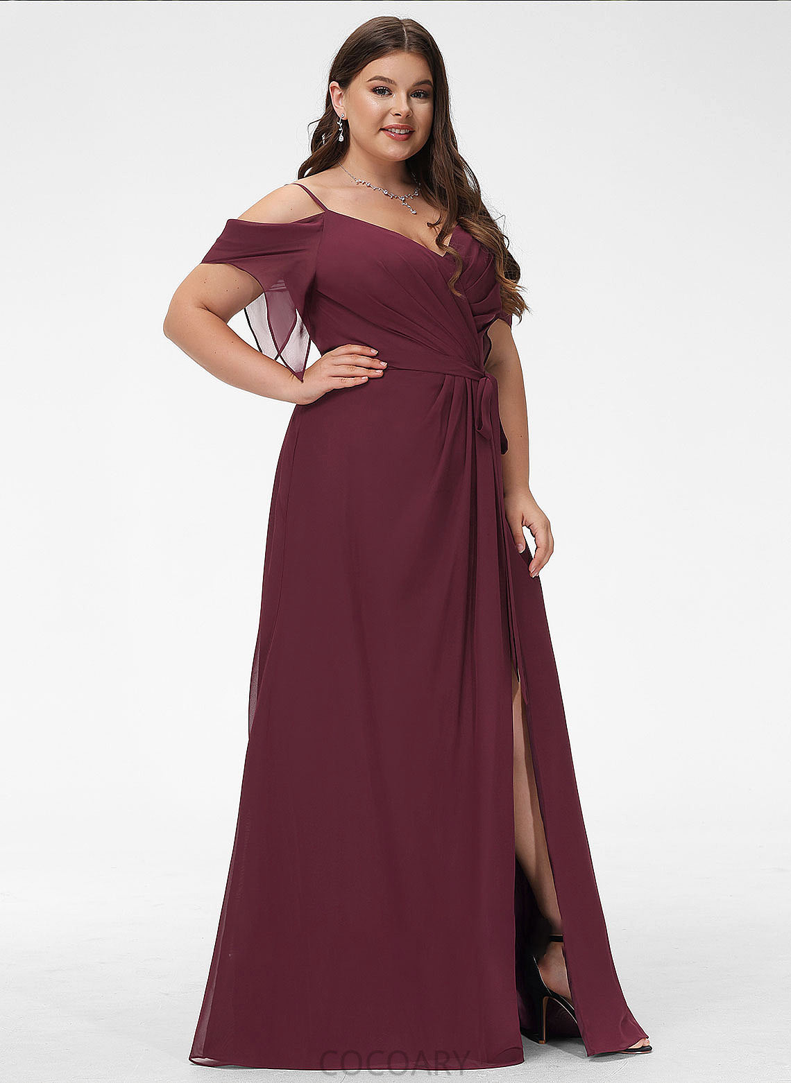 Silhouette Fabric Ruffle A-Line Length Neckline Embellishment SplitFront Floor-Length V-neck Alivia V-Neck Bridesmaid Dresses