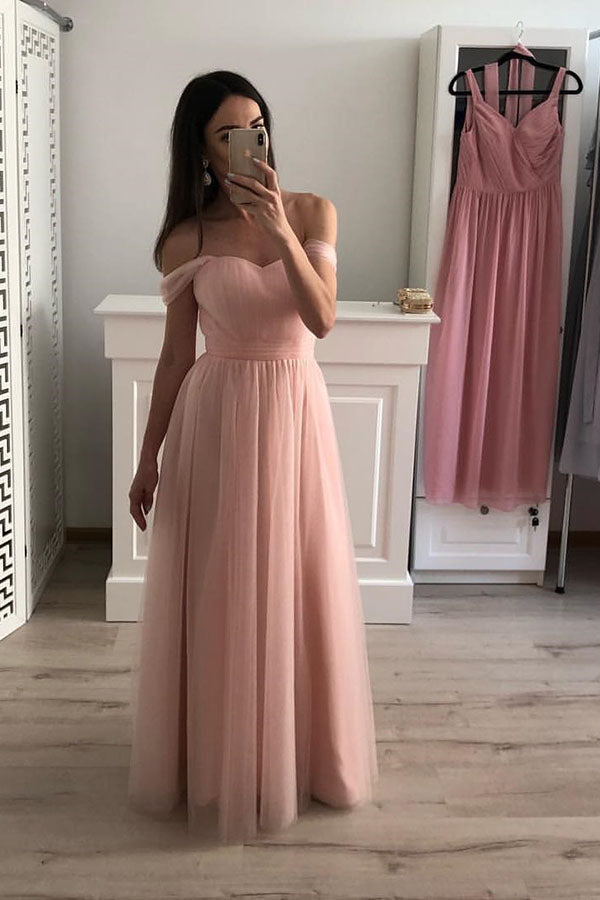 Simple Off Shoulder Sweetheart Pink Tulle Floor Length Prom Dresses