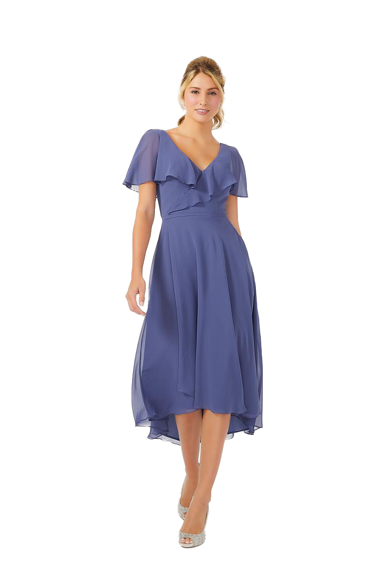 Phoenix V-Neck A-Line/Princess Short Sleeves Natural Waist Tea Length Chiffon Bridesmaid Dresses