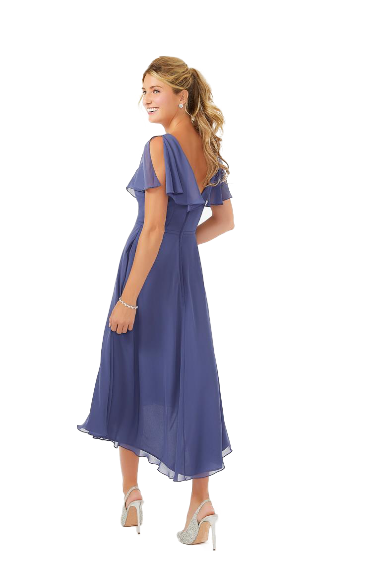 Phoenix V-Neck A-Line/Princess Short Sleeves Natural Waist Tea Length Chiffon Bridesmaid Dresses