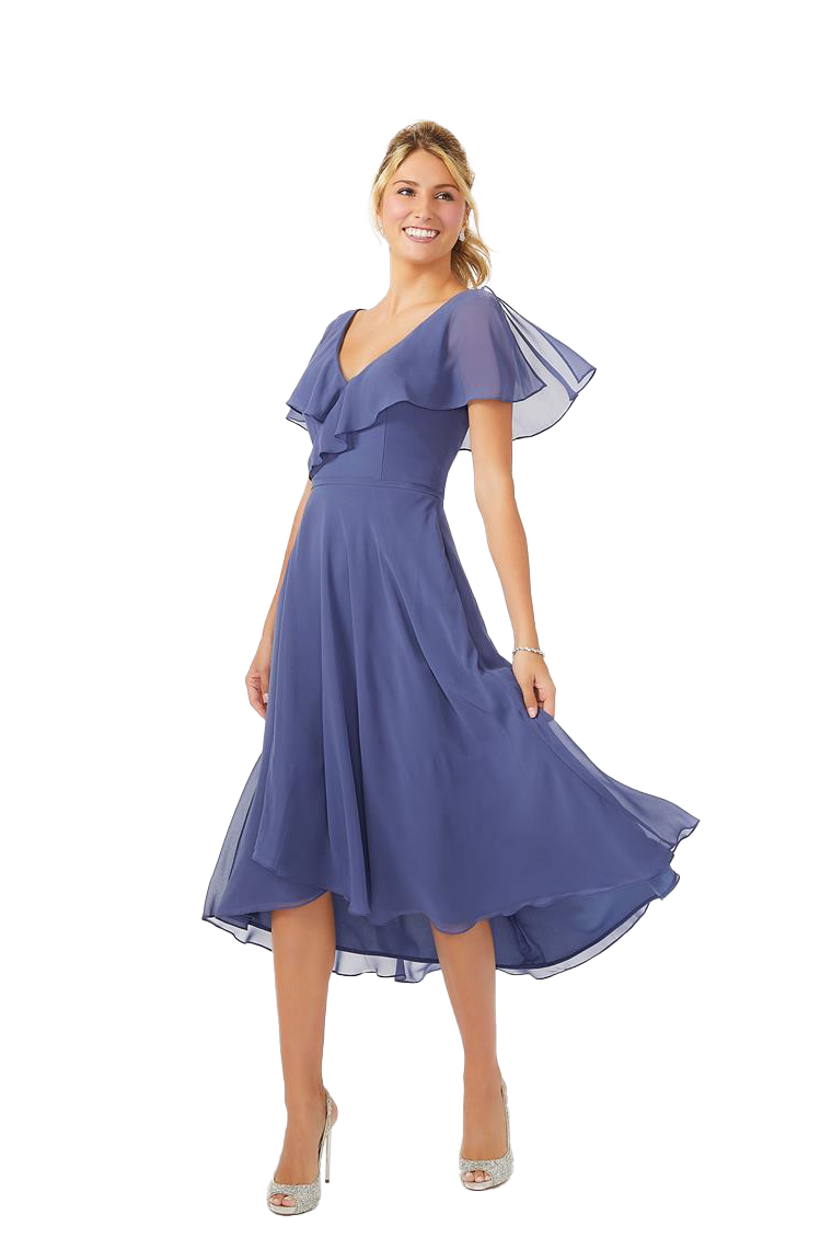 Phoenix V-Neck A-Line/Princess Short Sleeves Natural Waist Tea Length Chiffon Bridesmaid Dresses