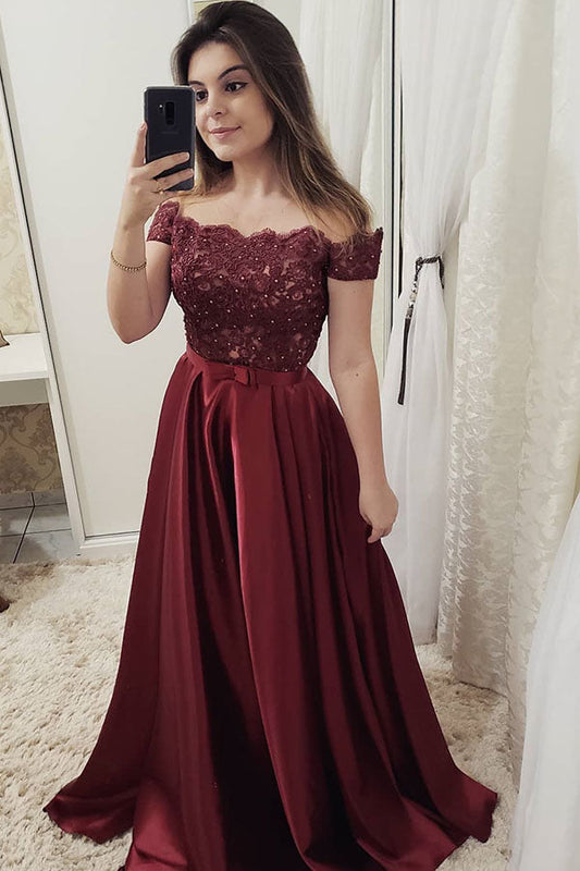 Chic Burgundy Off Shoulder Floor Length Satin Lace Prom Dresses