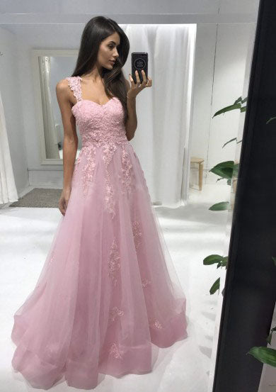 Sweetheart Straps Sleeveless Floor Length Tulle Lace Appliques Prom Dresses