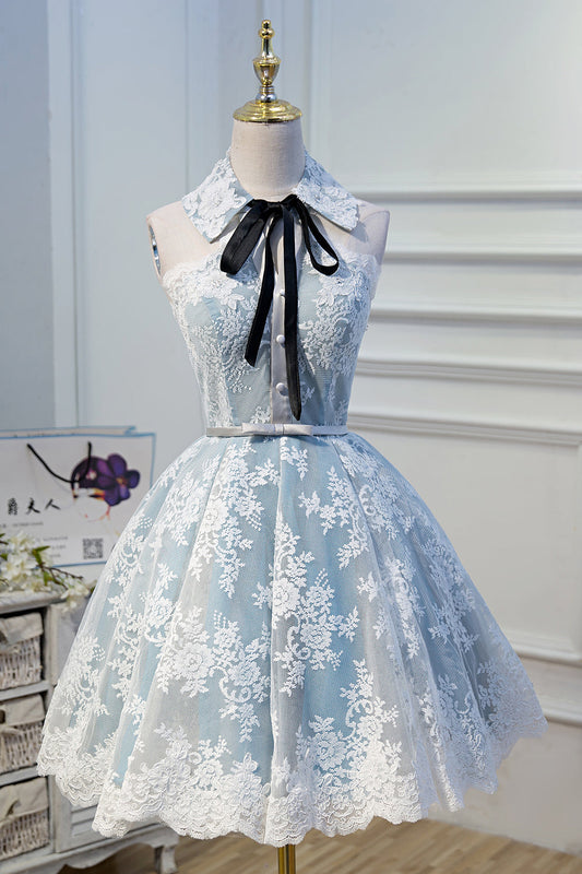 Cute Light Sky Blue Halter Homecoming Dresses with Lace Appliques