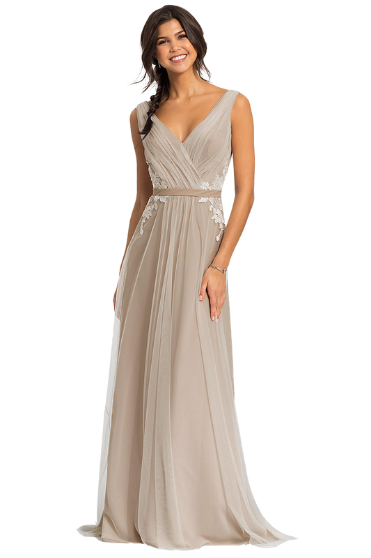 Laura Sleeveless A-Line/Princess Floor Length Tulle V-Neck Natural Waist Bridesmaid Dresses