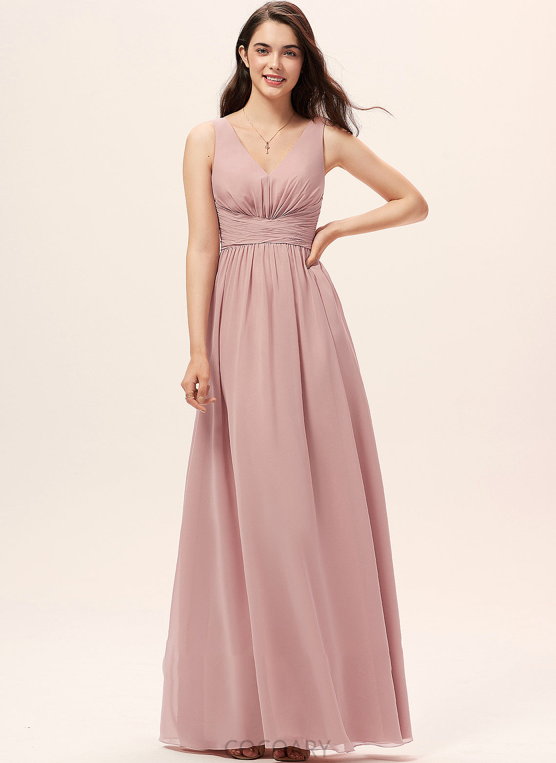 V-neck Ruffle Silhouette Floor-Length Embellishment Neckline A-Line Length Fabric Danica Scoop Sleeveless Bridesmaid Dresses